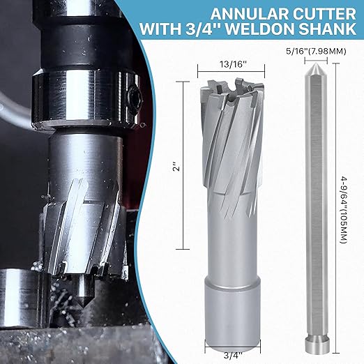 KEENTECH Carbide-Tipped Annular Cutter, 13/16" Diameter x 2" Depth, 3/4" Weldon Shank (2 Flat), High Speed Cutting TCT Mag Drill Bit with Pilot Pin for Harder Material, Stainless Steel, Cast Iron