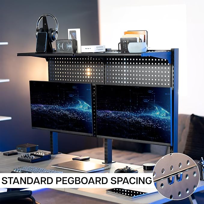 VIVO Steel Triple Clamp 47 x 31 inch Desk Pegboard System with 2 Monitor Mounts and Storage Shelf, Fits up to 32 inch Screens, Office Accessory Organizer, Black, PP-DK48SB