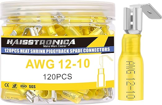 haisstronica 120PCS Yellow Heat Shrink Piggyback Spade Connectors, 12-10 AWG Piggyback Wire Connectors, Quick Disconnect Piggyback Terminals