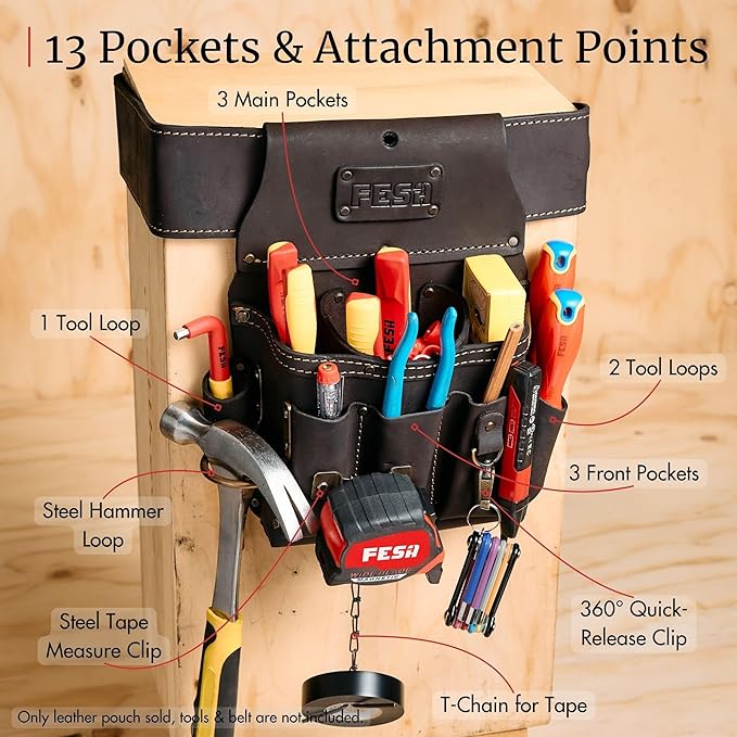 FESA Leather Electrician Tool Pouch - 13-in-1 Top Grain Leather Electrician Pouch w/Steel Hammer Loop, Tape Measure Clip, Tape T-Chain & 6 Pockets - Fits Belts up to 3" - Handcrafted