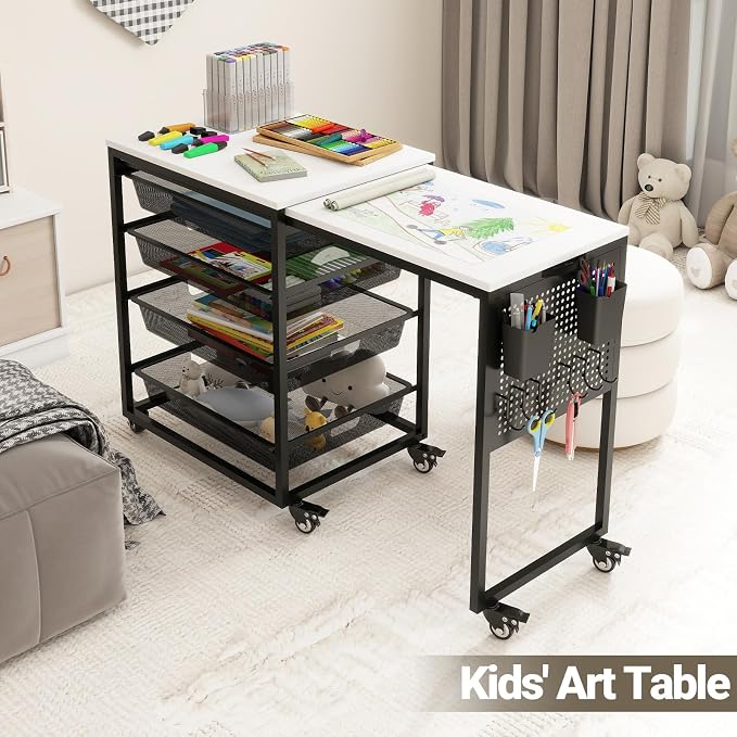 Craft Table with Wheels & Drawer, Extendable Cart with Pegboard, Arts and - Image 8