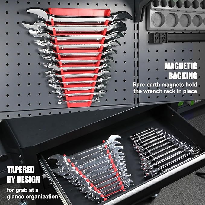 AMM 4 Pack Magnetic Wrench Organizer, 48-Slot Magnetic Wrench Holder for Tool Box Drawer Chest&Wall Mounted, SAE(1/4" - 1-1/16") and Metric 6mm-24mm