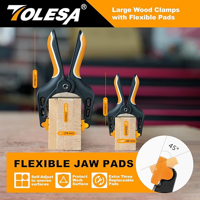 TOLESA Heavy Duty Spring Clamps 7 & 4 Inch 6 Pcs Large Wood Clamps with 30Lbs Powerful Clamping Force Deep Throat Clamps for Woodworking Photography Backdrop Household Use Cover Holding Wood Gluing