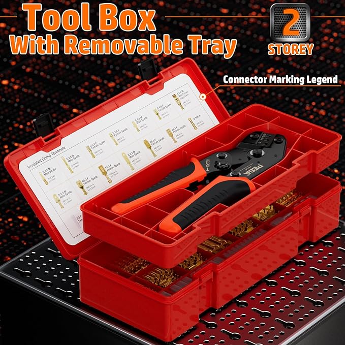 PEBA Spade Terminal Crimping Tool Kit, AWG 24-14 Crimper for Quick Disconnect Male & Female Non-Insulated Terminals 0.110"-0.250", 14 Types Spade Connector Kit - Speaker Terminals Crimping Tool
