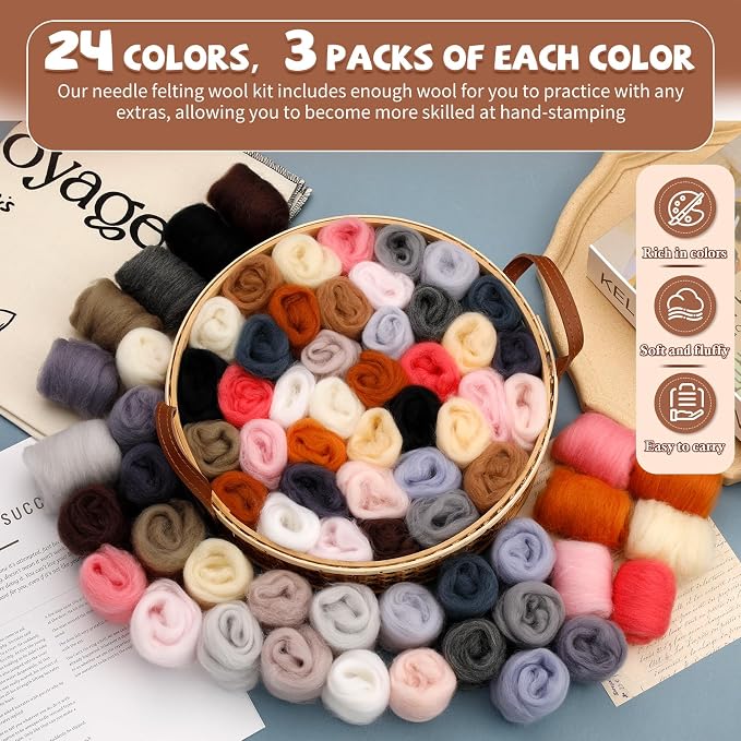 Mayboos 72 Pcs Needle Felting Wool, 24 Colors 7.6 oz Wool Roving Yarn, Fiber - Image 3