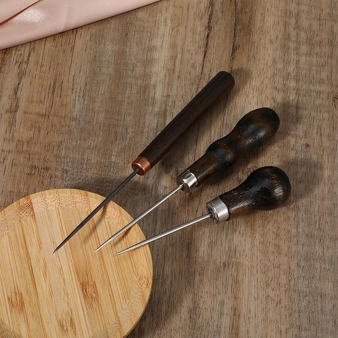 Ptwola 3 Pcs Scratch Awl Tool Gourd Shape Handle Leather Awl Punch Tool Wooden Punch Hole Craft Maker Tool Repair Shoes Sewing Stitching Supplies for Tailors Crochet DIY Cloth Stitch Bookbinding