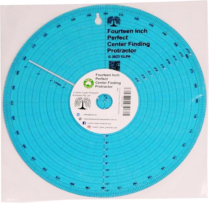clearly printed 14" circle center finder tool, protractor, and circle maker tool and compass for woodworking and wood turning. Find the center of timber or dowel with our center finder ruler.