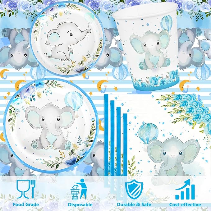 81 PCS Elephant Party Tableware Supplies, Disposable Blue Plates Cups Napkins - Image 4