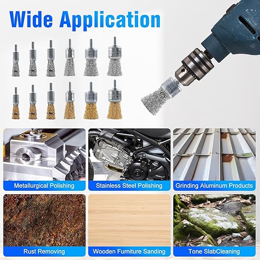 Rocaris 36 Pcs Wire End Brush for Drill with 1/4-Inch Shank, 6 Sizes Brass Coated & Carbon Steel Wire Drill Brush Set for Removal of Rust Corrosion Paint