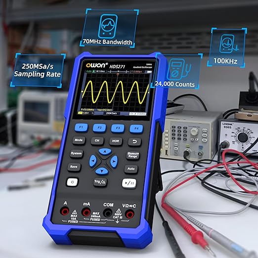 HDS271 OWON Oscilloscope Multimeter, 70MHz Bandwidth 1 Channel Digital Oscilloscope 3 in 1 Multi Multimeter Tester with 100KHz Signal Generator