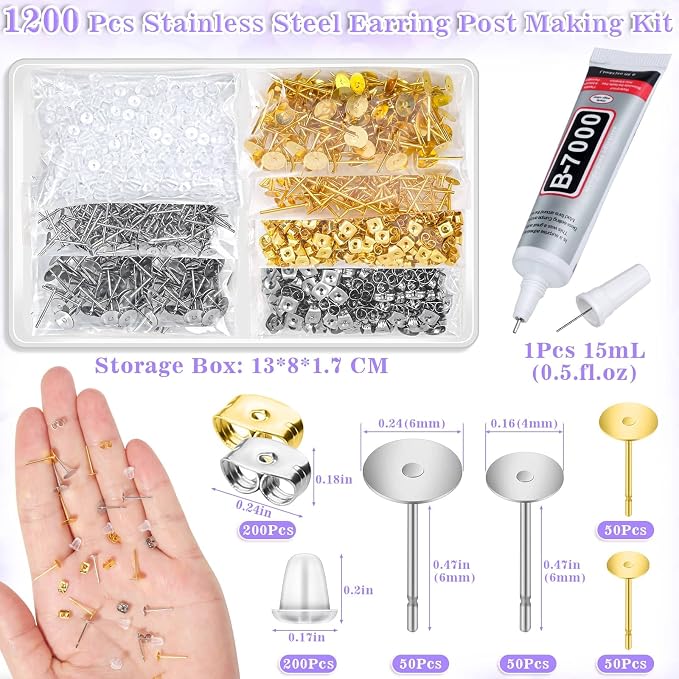 Anezus Jewelry Glue with 600pcs Stainless Steel Earring Posts and Backs - Image 3