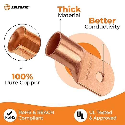 SELTERM 2pcs 250 MCM 5/16" Stud Copper Wire Lugs, Battery Lugs, Ring Terminals, Battery Cable Ends, 250 kcmil Ring Terminal Connectors, UL Heavy Duty Bare Copper Eyelets Battery Terminal Connectors