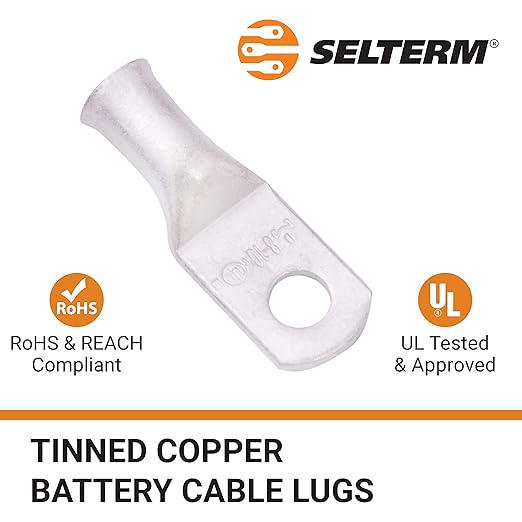 SELTERM 25pcs 8 AWG #10 Stud Marine Grade Tinned Copper Battery Cable Lugs, 8 Gauge Ring Terminals, UL Wire Lugs Electrical Battery Cable Ends, Tinned Copper Lugs Battery Terminal Connectors