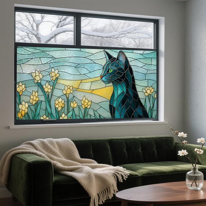 IVN Stained Glass Window Film 39.3x17.7 inch Cat and Daffodils Window Privacy - Image 9