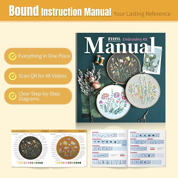 ETSPIL Embroidery Kit for Beginners, 2 Hoops, 4K Video, 4 Floral Patterns | - Image 5