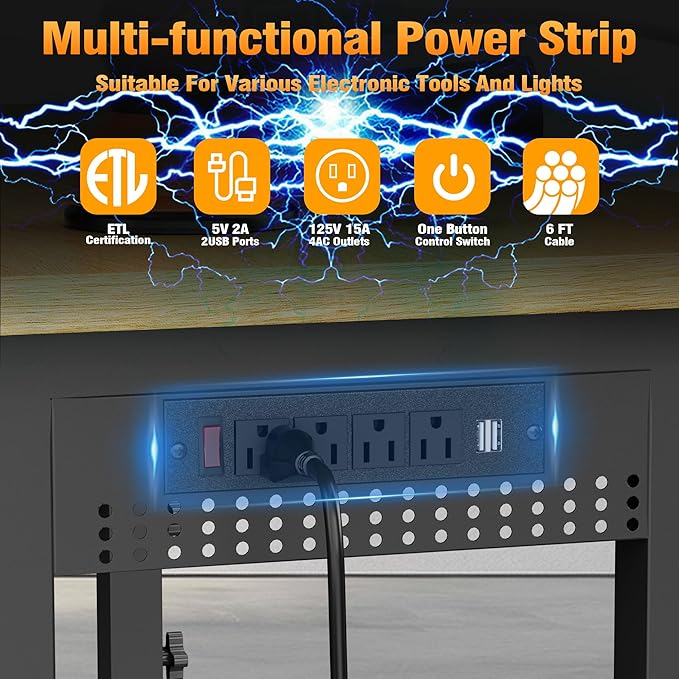 60" Heavy Duty Work Bench with Wheels, Adjustable Height 2000 Lbs Garage Workbench w/Pegboard Pad & Power Outlets, Portable Mobile Tool Work Table for Woodworking Workshop Home Office (60" L)