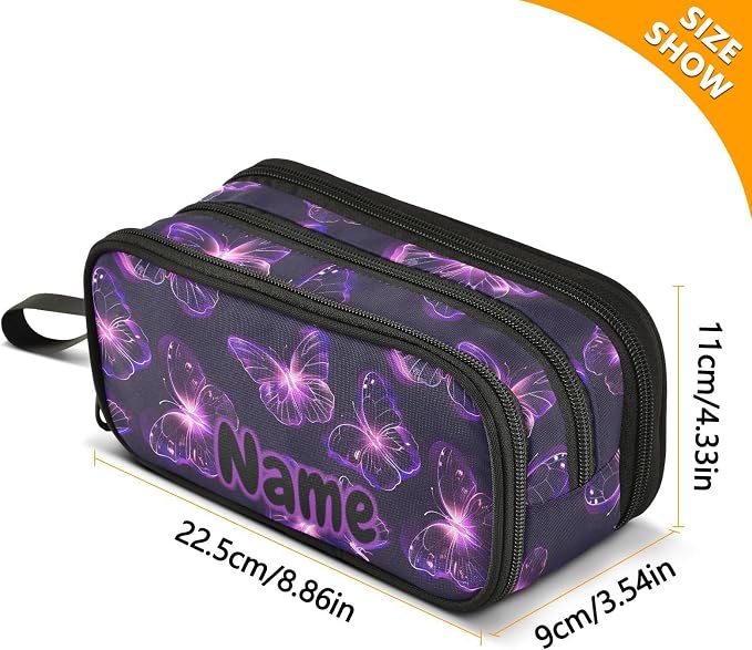 Custom Butterflies Purple Neon Pencil Case Box Boys Girls Personalized Name - Image 7