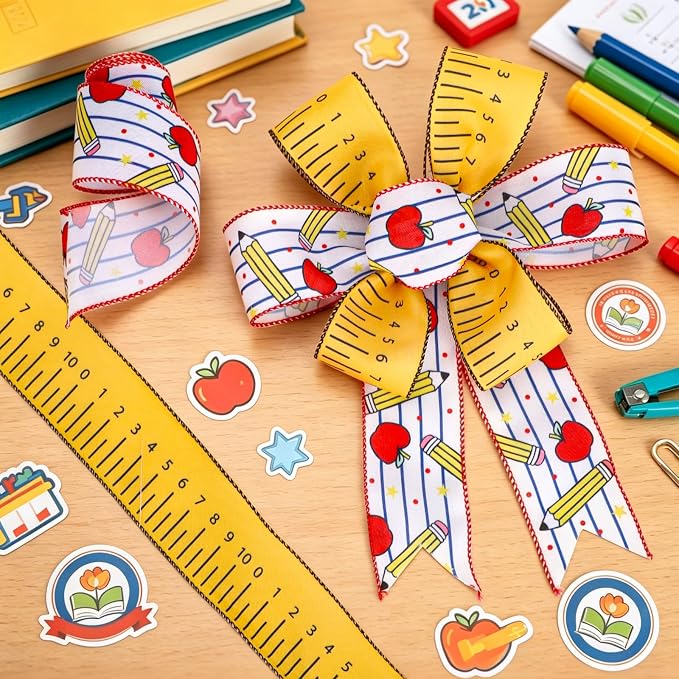 2 Rolls Back to School Wired Edge Ribbons, 12 Yards Apple Pencil Stripe - Image 4