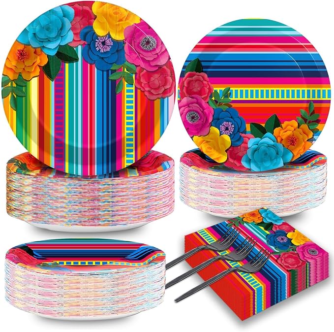 200pcs Mexican Fiesta Plates Napkins Floral Paper Tableware Set Fifth of May by Naozinebi