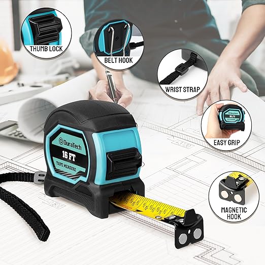 DURATECH Magnetic Tape Measure 16FT with Fractions 1/8, Retractable Measuring Tape, Easy to Read Both Side Measurement Tape, Magnetic Hook and Shock Absorbent Case for Construction, Carpenter