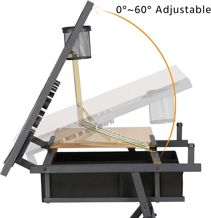 Yaheetech Adjustable Drafting Table Art Desk, Storage Drawers & Stool, Wood | - Image 6