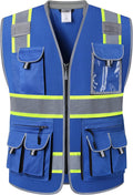 JKSafety 10 Pockets Hi-Vis Zipper Front Fluorescent Blue Safety Vest | Cushioned Collar | High Reflective Tapes with Extended Neon Yellow Strips | Meets ANSI/ISEA Standards (X-Large, 89-Blue)