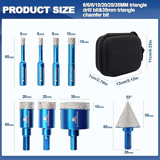 Tile Hole Saw Kit - BRSCHNITT Diamond Core Drill Bit Set 6/6/8/10/20/25/35mmDrill Bit &1 3/8" Diamond Chamfer Bit for Porcelain Tile Ceramic Marble Granite