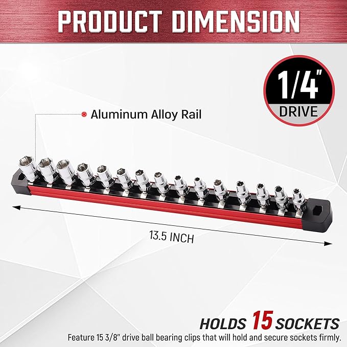 ALOANES 1/4-Inch Drive Magnetic Socket Organizer, Heavy Duty Aluminum Socket Rails, 15 Stainless Clips (Red)