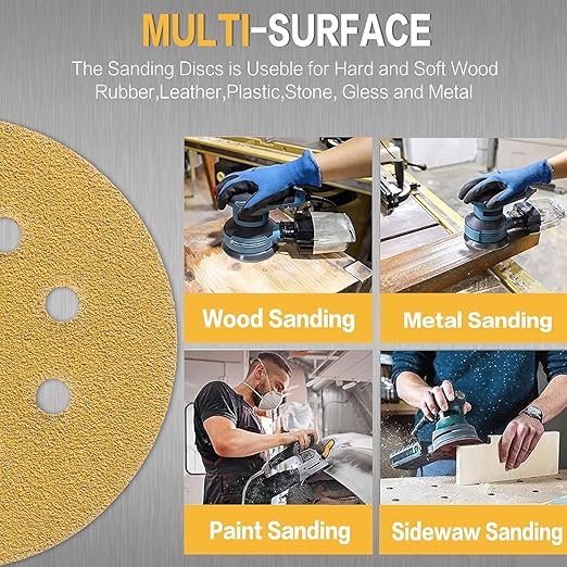110PCS 5 Inch 8 Hole Sanding Discs,Gold Round Hook and Loop Sandpaper for Random Orbital Sander(60 80 100 120 150 180 240 320 400 600 800 Mix Grit)