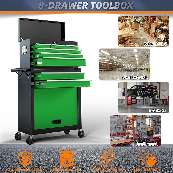 8-Drawer High Capacity Rolling Tool Chest with Wheels, Big Tool Storage Removable Tool Box Combo, Tool Storage Cabinet with Lockable Drawers, Toolbox for Workshop (Black&Green)