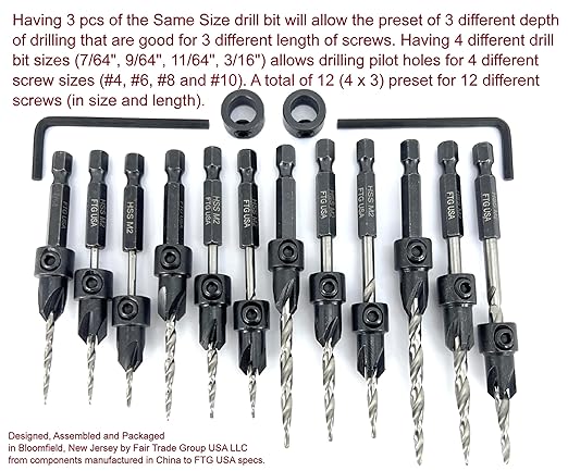 FTG USA Countersink Drill Bit Set for Wood with Tapered Drill Bit - #4 (7/64"), #6 (9/64"), #8 (11/64"), #10 (3/16")