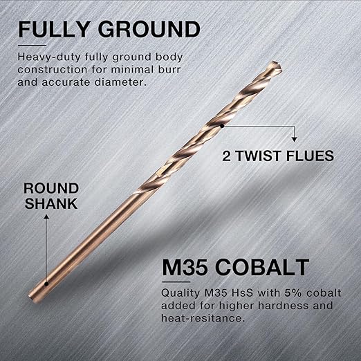 1/8 Inch Cobalt Drill Bits (10pcs), M35 High Speed Steel, 135 Degree Tip, Jobber Length Twist Drill Bit Set for Hard Metal, Stainless Steel, Cast Iron, Wood and Plastic, with Storage Case