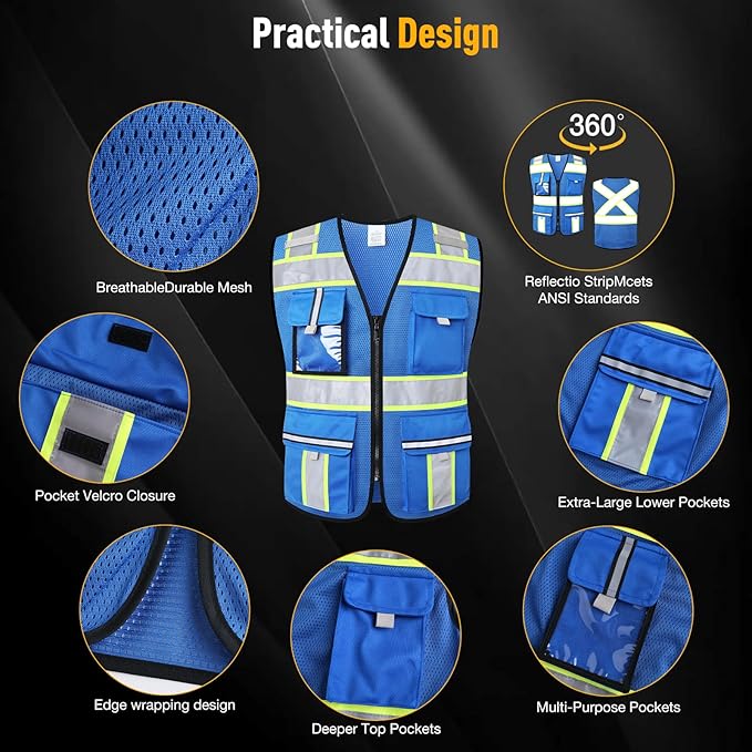 Class 2 Safety Vest with Zipper Front and multiple Pockets, High Visibility Vest, Meets ANSI/ISEA Standards
