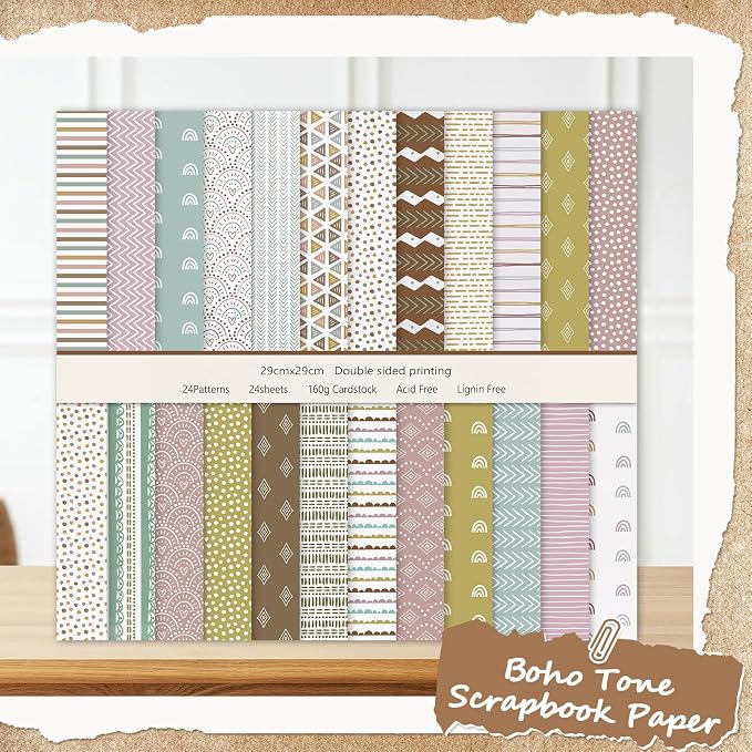 24 Sheets Scrapbook Paper, 12x12in Double-Sided Bohemian Patterned Craft Paper - Image 6