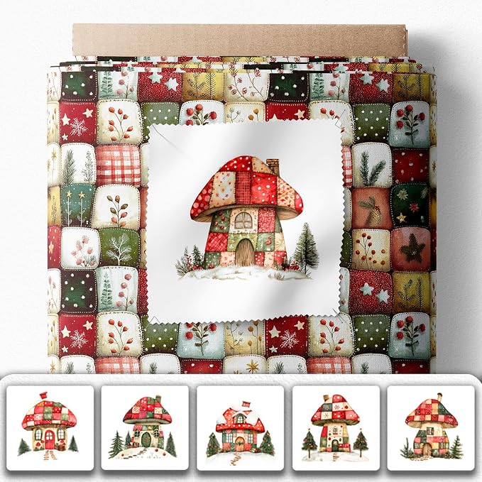 Christmas Patchwork Mushroom House Fabric Panel – Single Continuous Cotton - Image 2