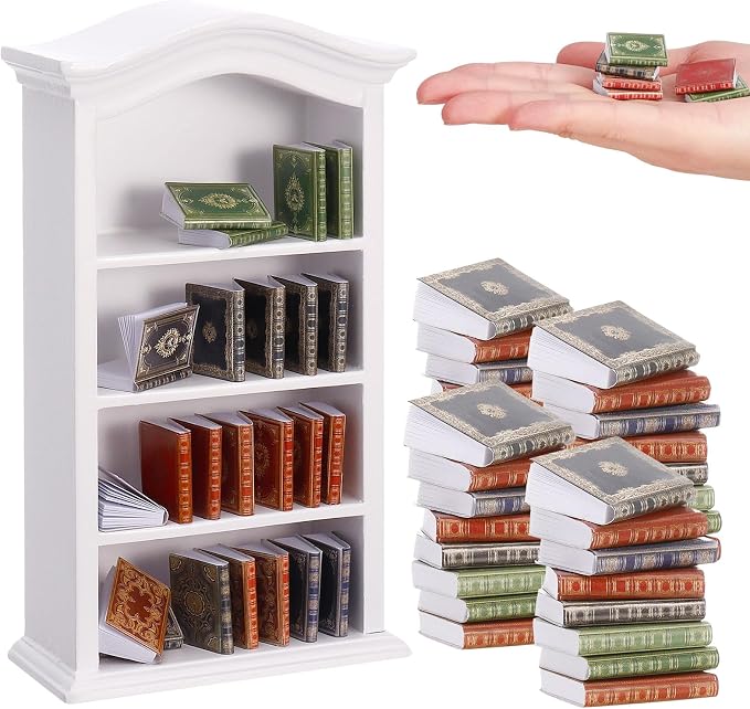 36 Pcs 1:12 Scale Miniatures Dollhouse Books and 1 White Wooden Bookcase | 4 by Guiqulai