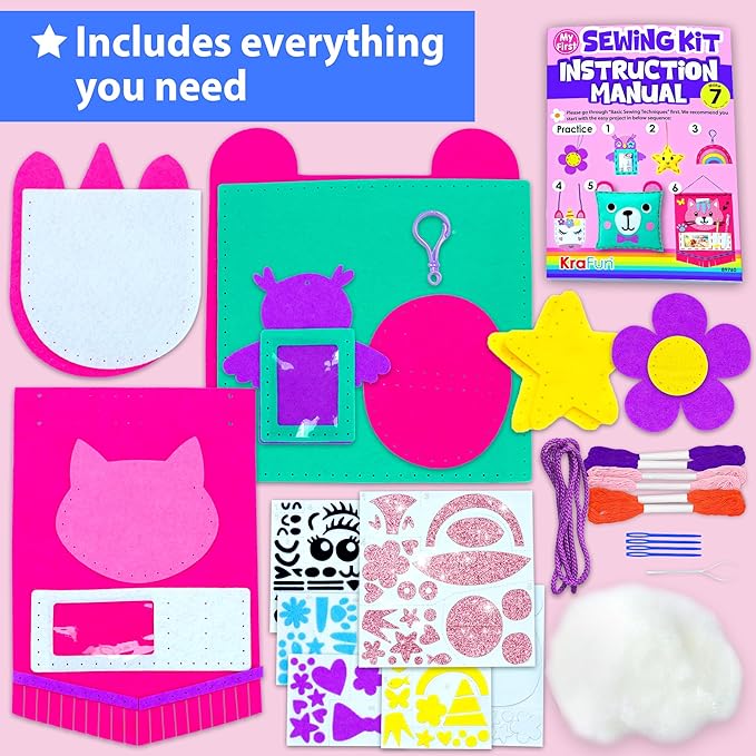 KRAFUN My First Sewing Kit for Kids Ages 6-12 | 7 Animal Dolls | 7 stuffed - Image 2