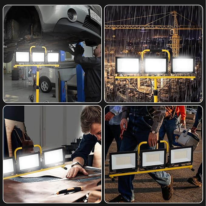 30000 Lumen LED Work Light with Stand, 3 Adjustable Head Portable Work Light with 324 Super-Powerful LED Lamp Beads and 16.4FT Cord, Waterproof Tripod Work Lights with 6500 Kelvin Color Temperature