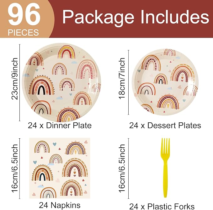 Boho Rainbow Party Plates Napkins Decorations Serves 24, Groovy Hippie Party - Image 2