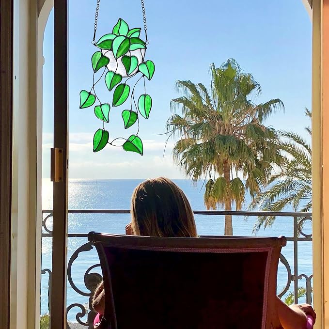 Green Faux Plants Stained Glass Window Hanging Suncatcher, Artificial Plants - Image 4