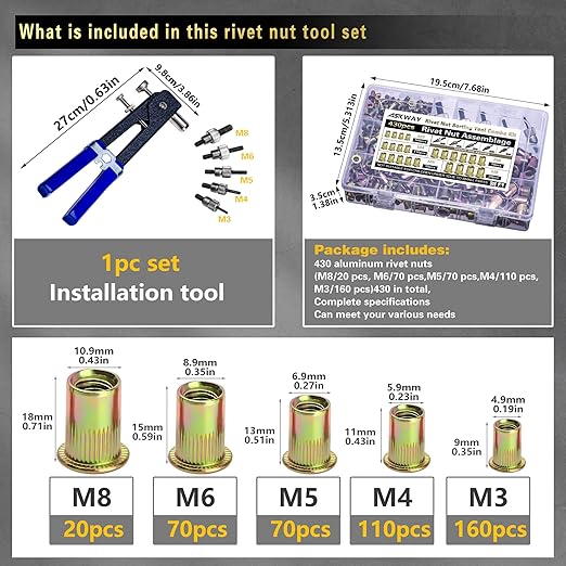 Pressure Rivet Nut Tool Kit, 430Pcs Metric Rivet Nut Combination (M8/M6/M5/M4/M3), Suitable for Furniture, Decoration, Automotive, Marine and Industrial Applications