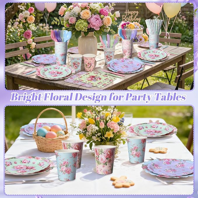 450 Pcs Vintage Floral Tableware Set Tea Party Decorations Floral Paper Plates - Image 5