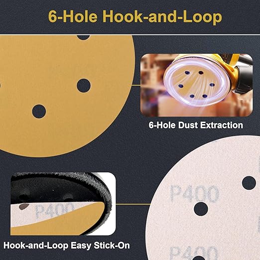 100 PCS 6 Inch 6 Hole Sanding Discs 400 Grit Hook and Loop Adhesive Round Sandpaper for Random Orbital Sander