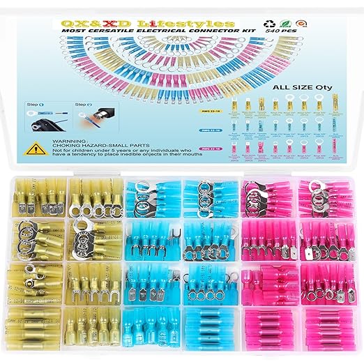 540PCS Heat Shrink Wire Connectors,Electrical Terminals Kit,Waterproof,Automotive Marine Electrical Terminals Kit,Ring Fork Hook Spade Butt Splices,Tinned Red Copper,22-16,22-16,22-16 (540pcs)