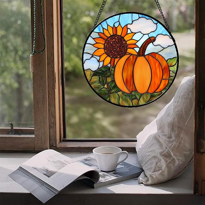 DASTOLL Stained Glass Window Hanging Fall Farm Scenery Sunflower Pumpkin Large - Image 5