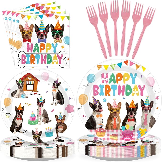 96 Pcs Boston Terrier Birthday Party Decoration Dog Puppy Theme Plates and by Greencian