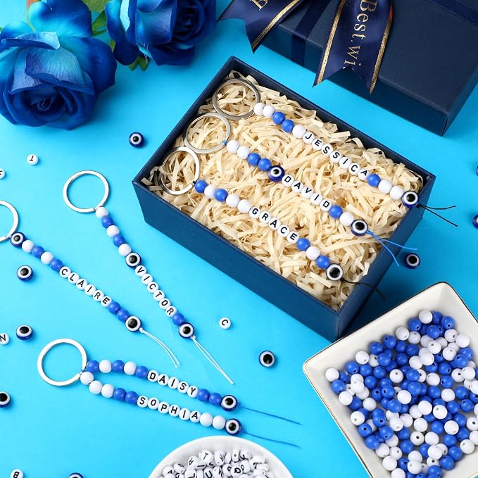 Landical 564 Pcs Evil Eye Keychain Making Kit DIY Bead Keychain Charm Blue Key - Image 2