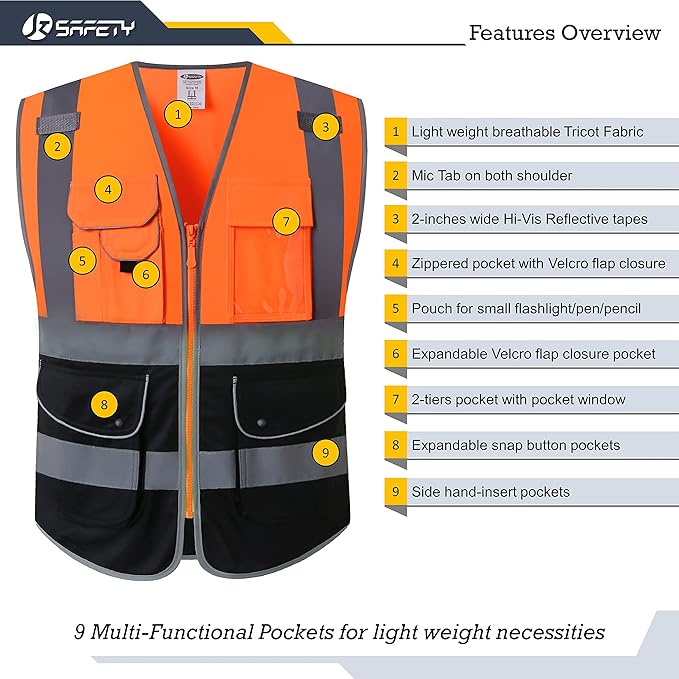 JKSafety 9 Pockets Class 2 High Visible Reflective Safety Vest Zipper Front Breathable Lining Orange-Black Meets ANSI/ISEA Standards(150-Orange-Black L