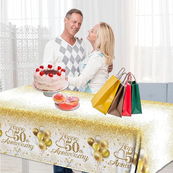 Happy 50th Anniversary Table Cloth, 50 Year Anniversary Decorations 3Pcs White - Image 6