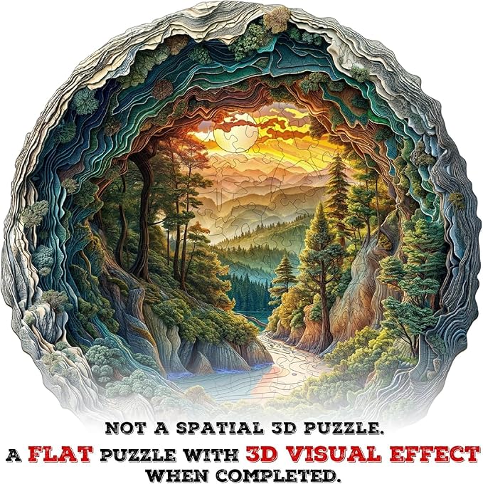 Wooden Jigsaw Puzzles for Adults 200 Pieces, Round 3D Effect Cave Forest Nature - Image 6